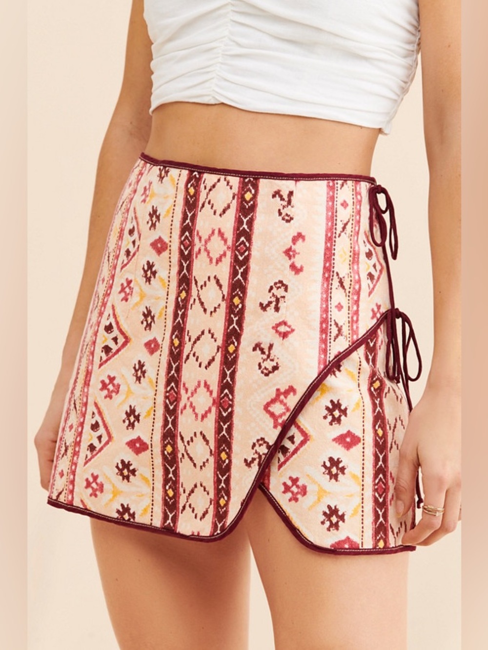 Free People Cleo Boho Printed Wrap Skirt - Cream & Wine